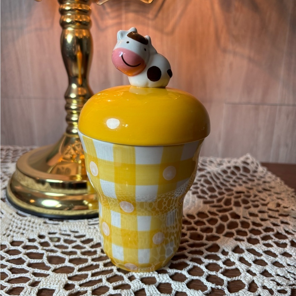 Artbox Friendship Yellow Checkered and Polka Dot Mug with Cow Lid